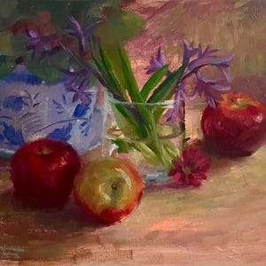 Spring flowers painting Fruits Original Artwork Apple Painting 12 in x 10 in Oil on stretched Canvas Still life