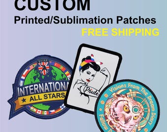 Apliques personalizados: Apliques por sublimação para passar a ferro, costurar ou aplicar com velcro.