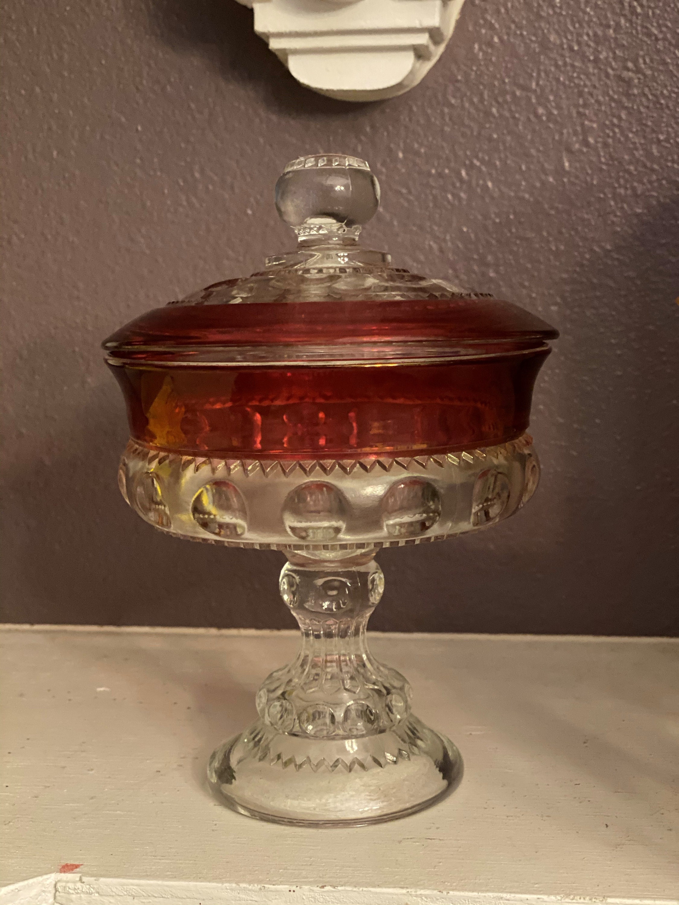 Mid Century Art Glass Footed Candy Dish w Lid MCM Mid Mod Art