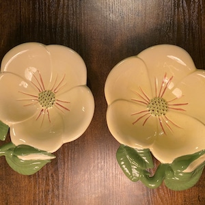 Vintage Yellow Flower-Shaped Ceramic Bowls/Catch All with green stem handles- Made in Holland-Set of 2
