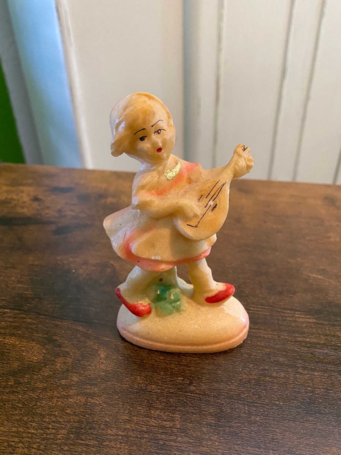 Vintage Chalkware Figurine Girl Playing Mandolinwearing Etsy