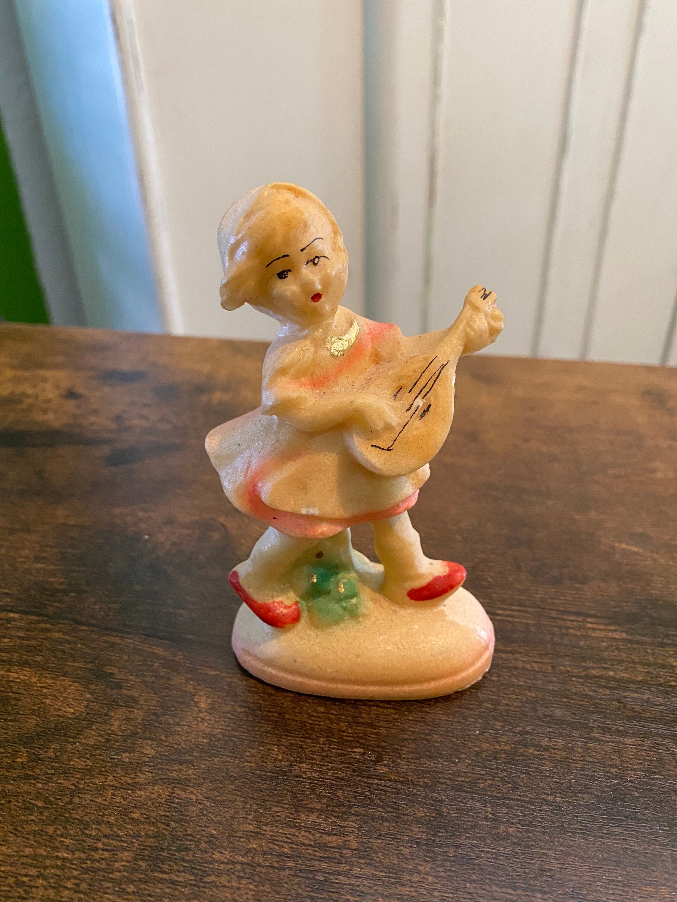 Vintage Chalkware Figurine Girl Playing Mandolinwearing Etsy Australia
