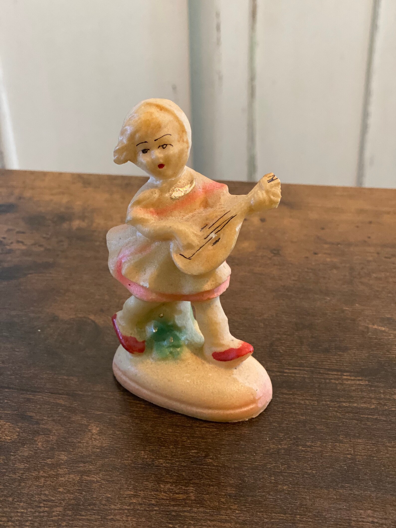 Vintage Chalkware Figurine Girl Playing Mandolinwearing Pink