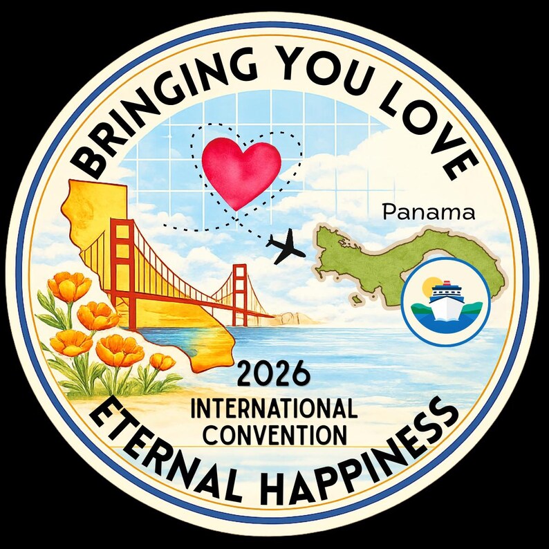 May include: A round sticker with the text "Bringing You Love" and "Eternal Happiness". The design includes a red heart, a Golden Gate Bridge, a map of Panama, and a cruise ship. The text "2026 International Convention" is also present.