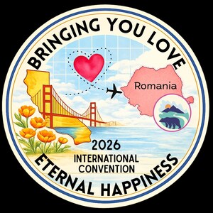 May include: Circular sticker with the text "Bringing You Love" and "Eternal Happiness". The design includes a red heart, a plane, the Golden Gate Bridge, and a map of Romania. The text "2026 International Convention" is also present.