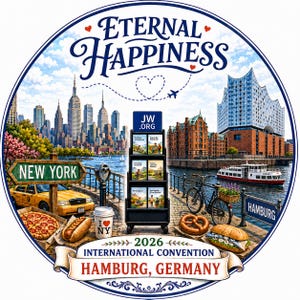 May include: A circular graphic for the 2026 International Convention in Hamburg, Germany, featuring a split scene of New York City and Hamburg. It includes a literature display stand, a yellow taxi, pizza, a hot dog, a pretzel, and a sandwich.