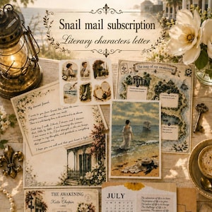 May include: A Snail mail subscription Literary characters letter set featuring vintage-style stationery, a map of my awakening, a July calendar page, and illustrated cards with floral motifs, all printed on aged paper with cursive and serif typography.
