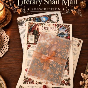 May include: A Literary Snail Mail subscription set featuring a translucent vellum envelope with a gold floral pattern tied with an orange ribbon, placed over illustrated stationery sheets with the text Octubre Bibliophilia and decorative borders.