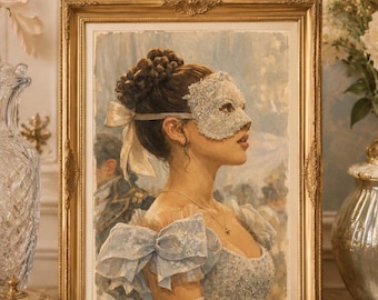 May include: A framed watercolor painting of a woman wearing a mask and a light blue gown with large bows. The artwork is in a gold ornate frame. The painting is displayed on a marble surface with decorative items.