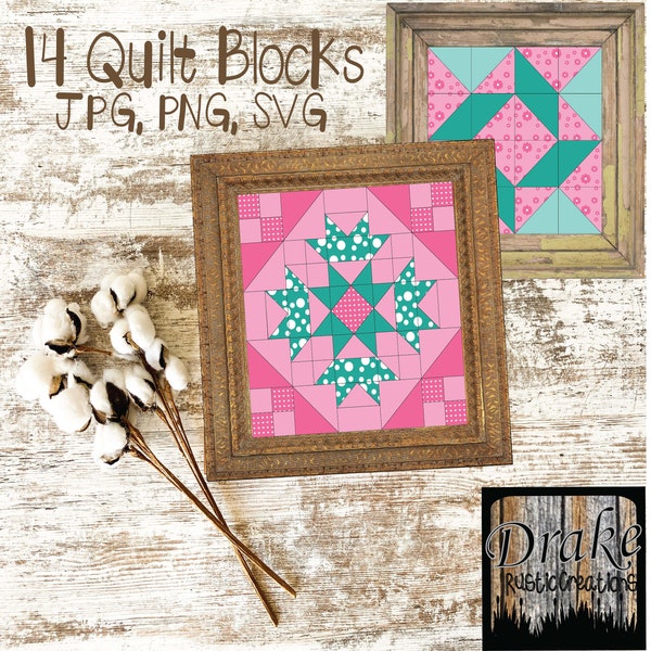 Fun Pink Teal Patterned Quilt Blocks Clipart, Wall Art in PNG and JPG 300 DPI
