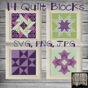 Fun Lavender Purple Green Patterned Quilt Blocks Clipart, Wall Art in PNG and JPG 300 DPI