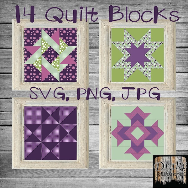 Fun Lavender Purple Green Patterned Quilt Blocks Clipart, Wall Art in PNG and JPG 300 DPI