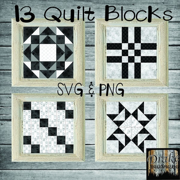 Black Gray White Patterned Quilt Blocks Includes Dresdon Plate Clipart, Wall Art in PNG and SVG