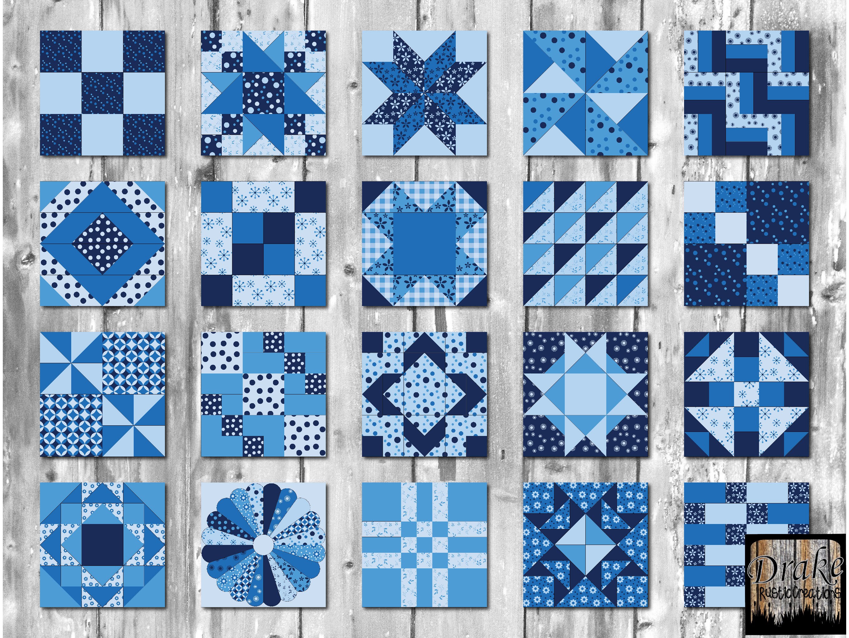 50 Blue Digital Quilt Blocks Clipart, Wall Art in PNG, JPG, SVG at 300