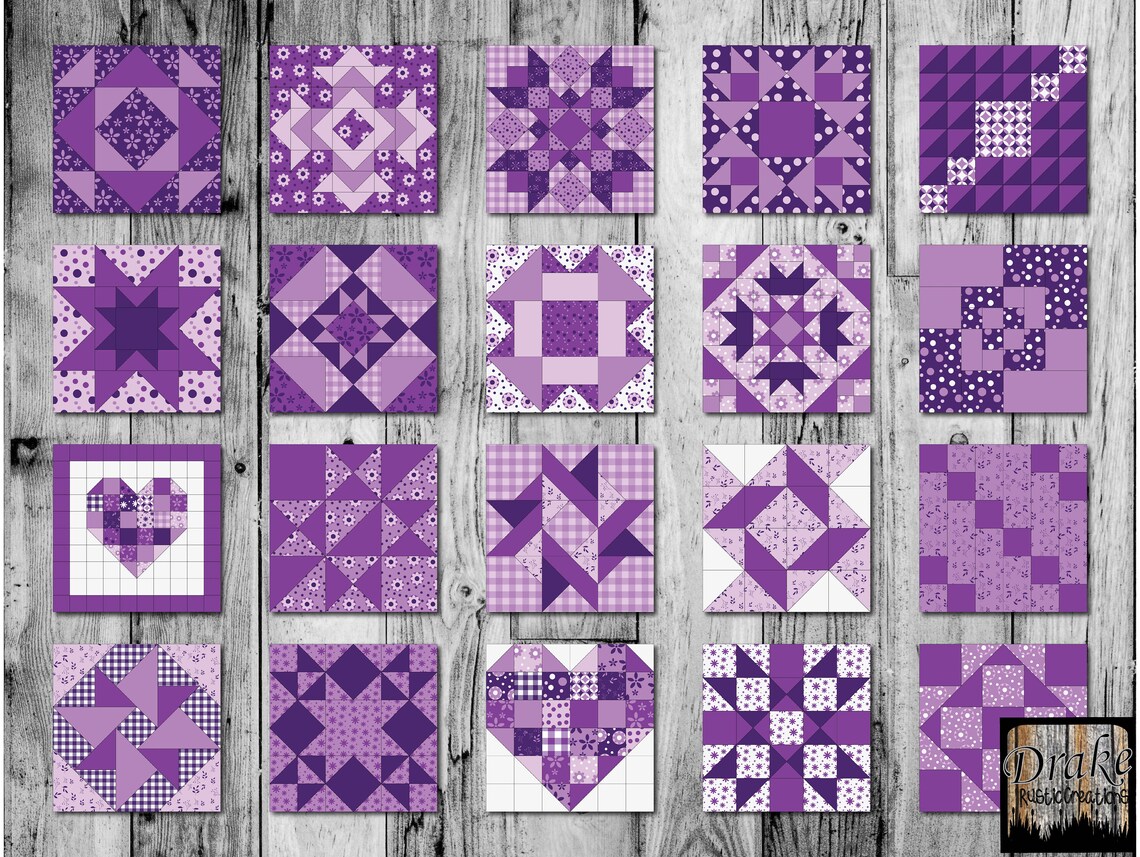 50 Lavender Purple Digital Quilt Blocks Clipart, Wall Art in PNG, SVG