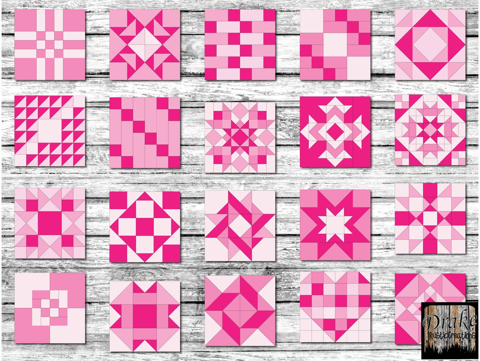 50 Pretty in Pink Digital Quilt Blocks Clipart, Wall Art in PNG, JPG