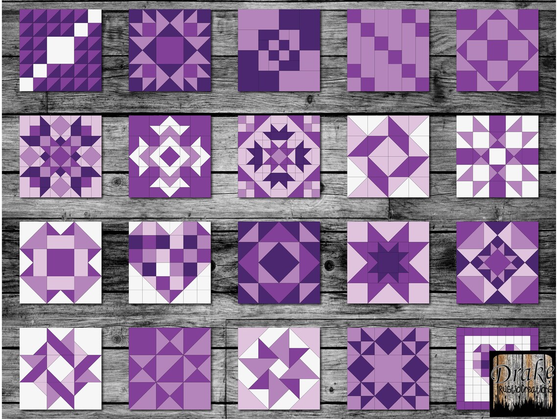 50 Lavender Purple Digital Quilt Blocks Clipart, Wall Art in PNG, SVG