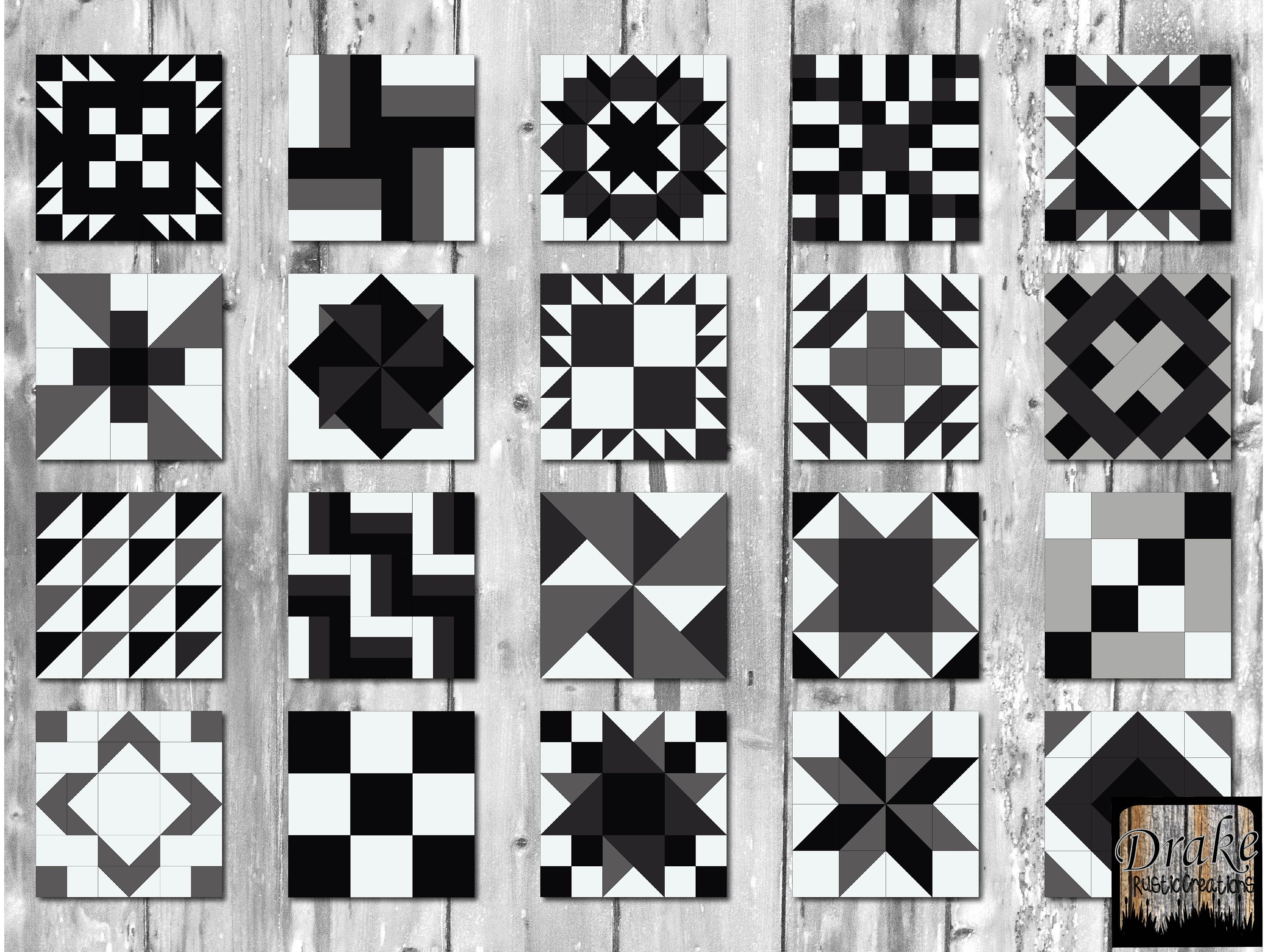 50 Solid Black Gray and White Digital Quilt Blocks Clipart, Wall Art in