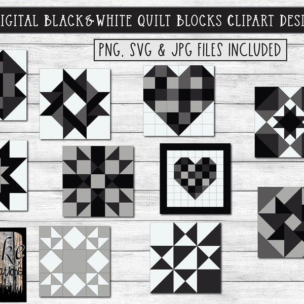 50 Solid Black Gray and White Digital Quilt Blocks Clipart, Wall Art in PNG, SVG, JPG at 300 dpi