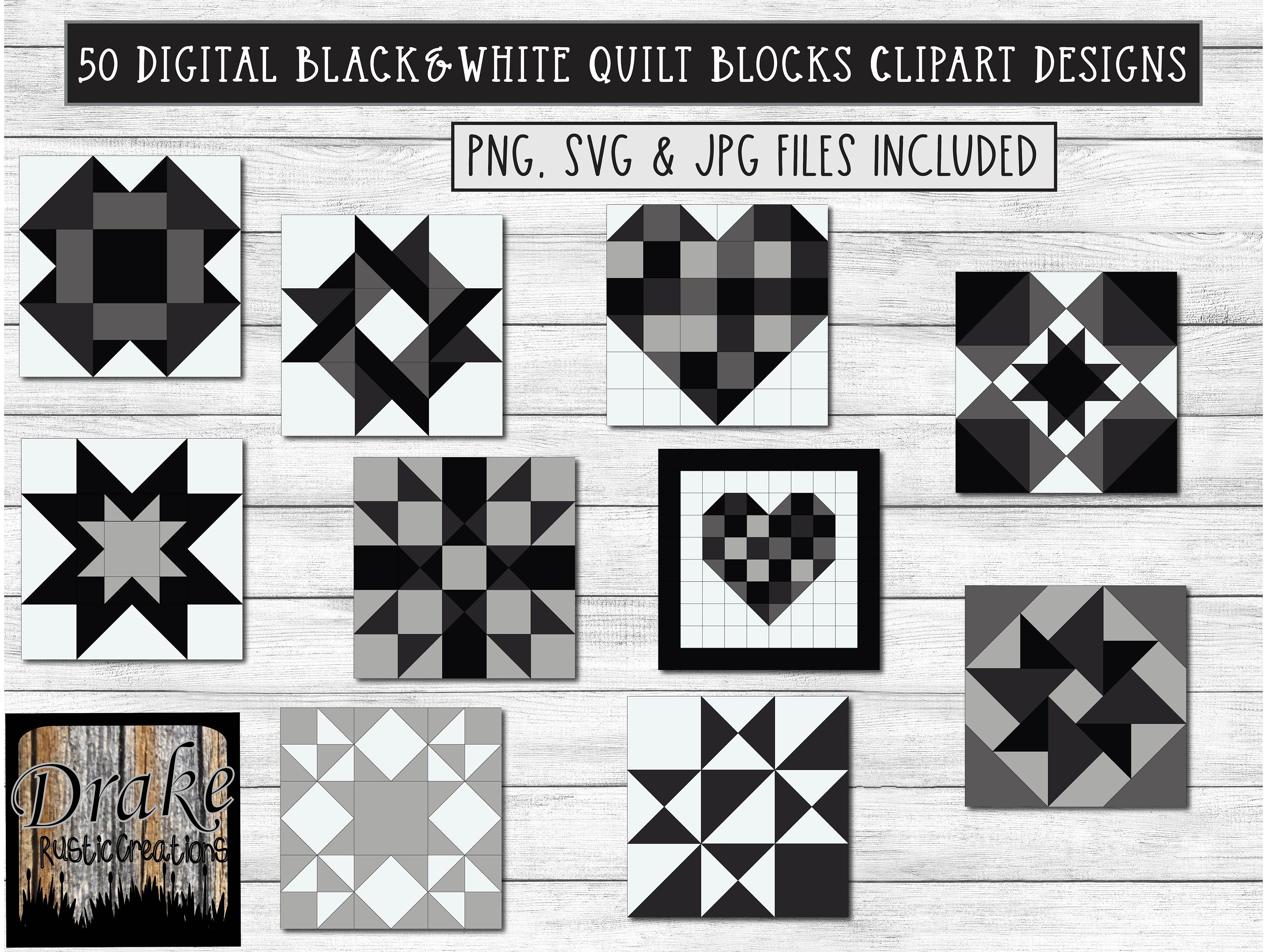 50 Solid Black Gray and White Digital Quilt Blocks Clipart, Wall Art in