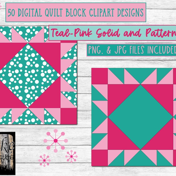 50 Teal Pink Digital Quilt Blocks Clipart, Wall Art in PNG, JPG at 300 dpi