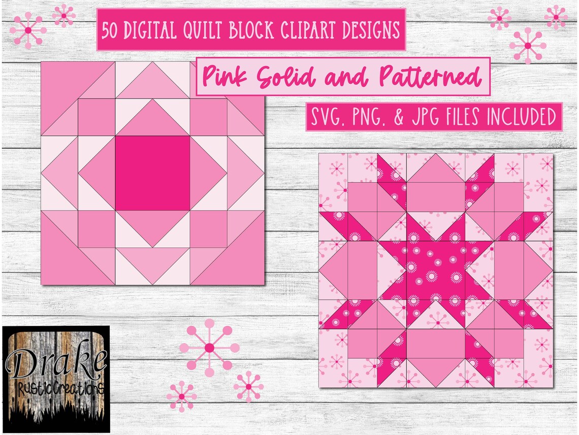 50 Pretty in Pink Digital Quilt Blocks Clipart, Wall Art in PNG, JPG