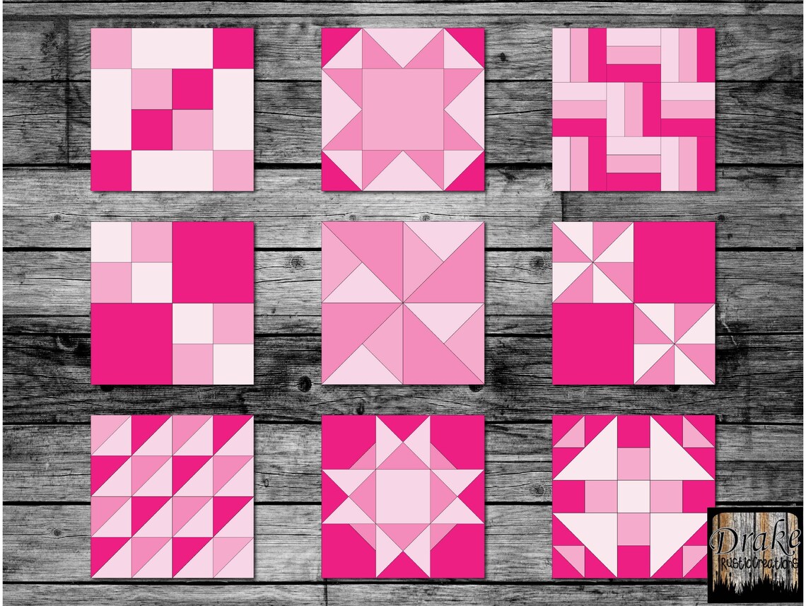 50 Pretty in Pink Digital Quilt Blocks Clipart, Wall Art in PNG, JPG