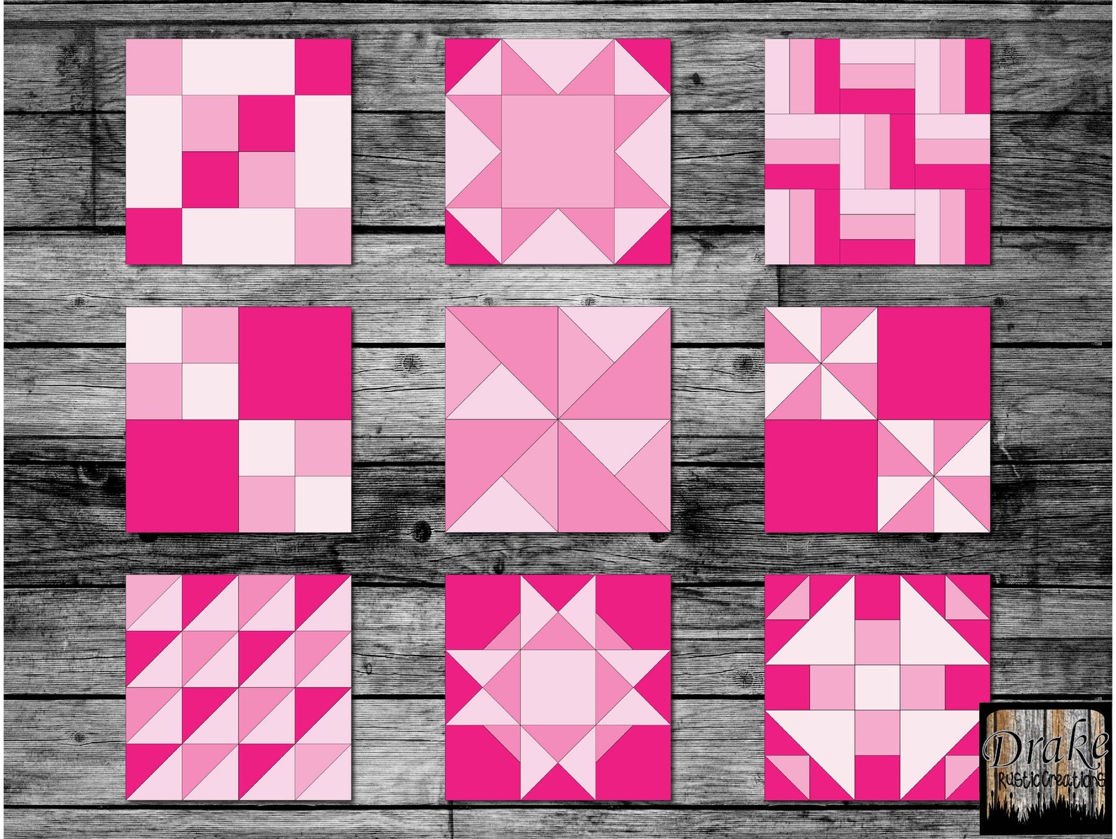50 Pretty in Pink Digital Quilt Blocks Clipart, Wall Art in PNG, JPG