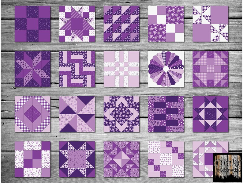 50 Lavender Purple Digital Quilt Blocks Clipart, Wall Art in PNG, SVG