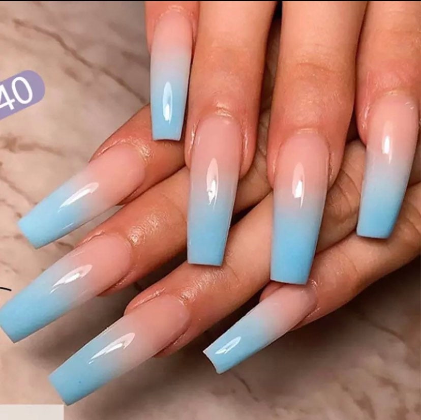 False stick on nails fake nails Blue Ombré nails coffin shape Etsy