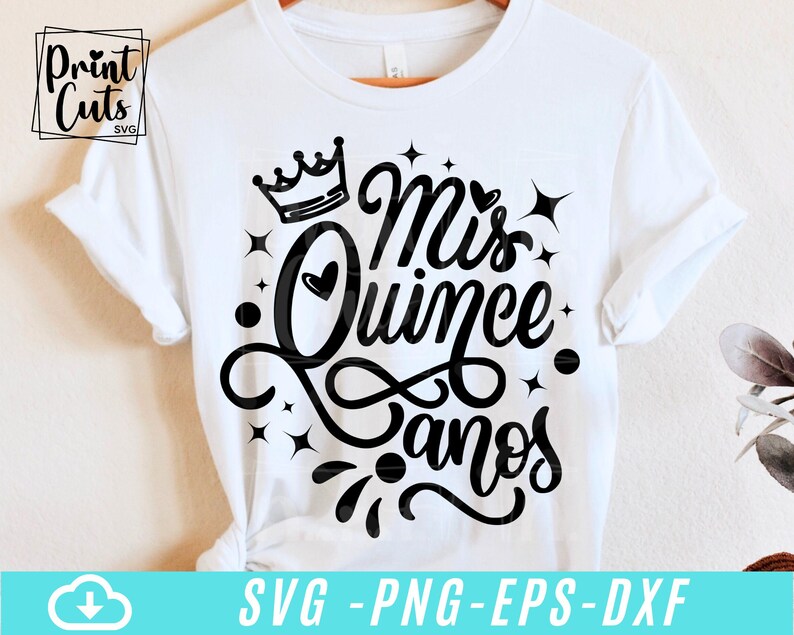 May include: White t-shirt with a black crown and the text "Mis Quince Anos" in a decorative script font.