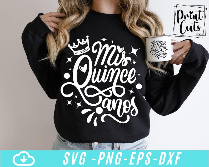 May include: Black sweatshirt with a white design that says "Mis Quince Anos" with a crown and stars.