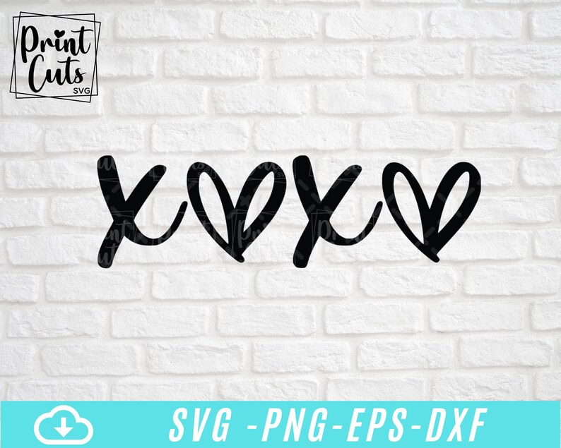 May include: Black and white graphic design of the letters "XO" with two hearts in between. The design is on a white brick wall background.