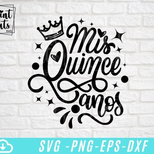 May include: Black and white graphic design featuring a crown, hearts, and the text "Mis Quince Anos".