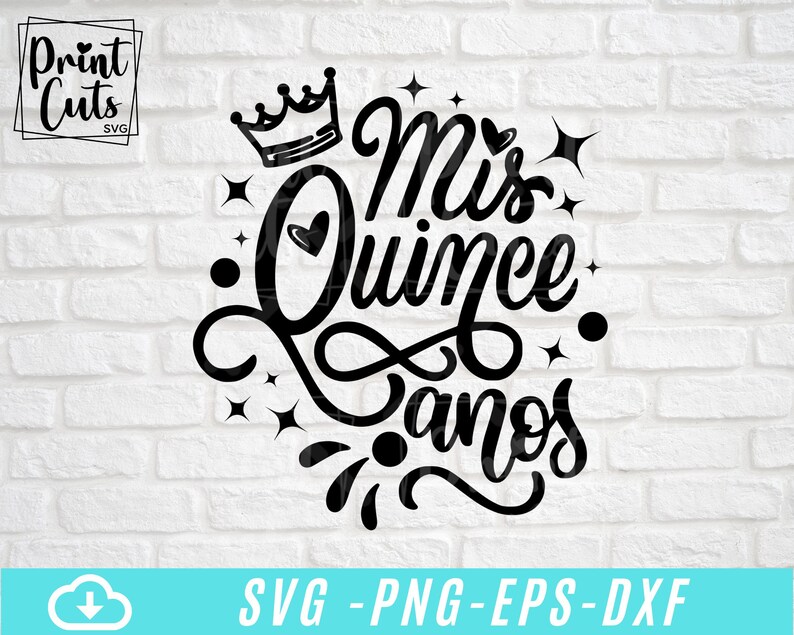 May include: Black and white graphic design featuring a crown, hearts, and the text "Mis Quince Anos".
