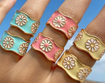 Enamel Flower Ring • Y2K Ring • Pink Ring • Daisy Ring • Colorful Minimalist Floral Jewelry • Adjustable Enamel  Blue Yellow Pink Ring