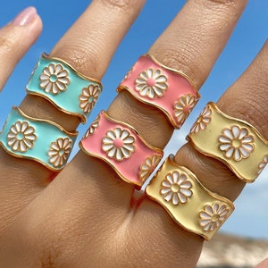 Enamel Flower Ring • Y2K Ring • Pink Ring • Daisy Ring • Colorful Minimalist Floral Jewelry • Adjustable Enamel  Blue Yellow Pink Ring