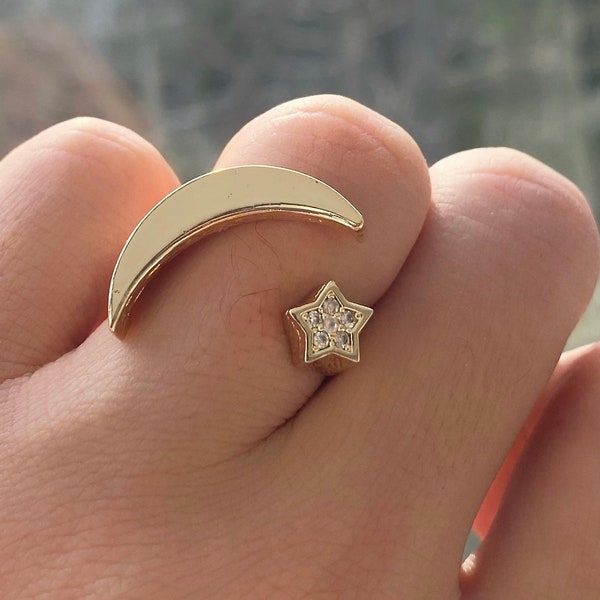 Thick Crescent Ring  • Half Moon and Star Chunky Crystal Ring •  Statement Ring 18k Gold Plated Jewelry Mothers Day