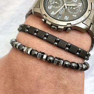 Matte Hematite Band Set • Natural Stone Bead Bracelet • Adjustable Mens Jewelry • Healing Yoga Protection • Gift for Dad Husband Boyfriend