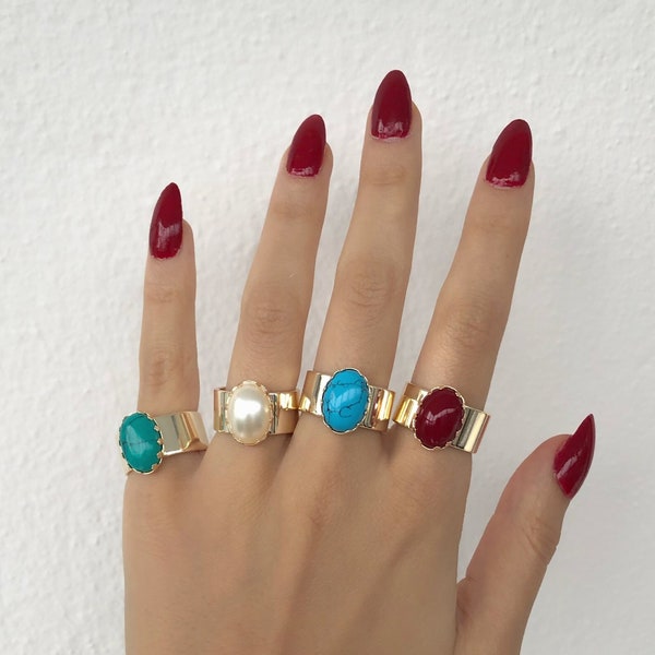 Y2K Vintage Rings • Green Vintage Ring • Turquoise Red Vintage Ring • Vintage Opal Open Band • Green Blue  White Stone Ring • Gift for Her