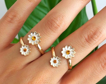 Orange Daisy Ring Gold Serpent Flower Charm Ring • Bague réglable Délicatement Floral Perlée Couleur CZ Cristal Bague à Bande Ouverte Minimaliste