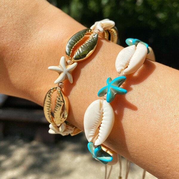 Cowrie Shell Anklet • Starfish Anklet • Sea Shell Adjustable Bracelet • Tropical Summer Ankle Bracelet • Stackable Trendy Foot Jewelry Woman