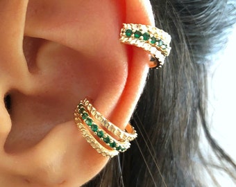 Colored Pave Ear Cuff no Pierce •  Cartilage Crystal Ear Cuff Wrap Green Diamonds Ear Cuff • Stackable Hypoallergenic Nickel free