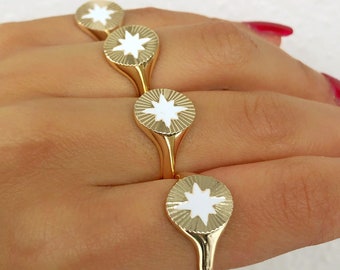 Round Sunburst White Signet Ring • Sunbeam Polaris star Enamel Ring • Adjustable Oval Crystal Northern Star • Star of Bethlehem Celestial