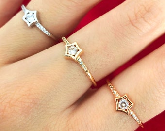 Dainty Tiny Star Ring • Twinkle Crystal  18K Gold • Minimalist Star Celestial Band Ring • Micro Pave CZ• Valentines Gift for her