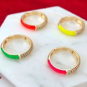 Y2K Ring • Colorful Neon Enamel Ring • Green Pink Yellow Orange Minimalist Summer Ring • Gold Crystal Multicolor Open Band