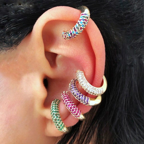 Micro Pave Ear Cuff Hoops • No Piercing Cartilage Ear Wrap • Multi Color Crystal Rainbow Ear Cuff • Ruby Green Purple Clear Hypoallergenic