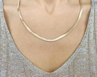 Gold Herringbone Chain Necklace • Herringbone Choker Necklace • Snake Chain Herringbone Jewelry Layering Necklace