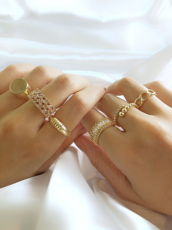 Stackable 18K Gold Signet CZ Ring Chunky Set Pave Ring Twisted