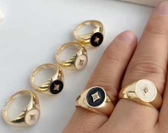 Enamel Compass Ring • Black Signet Ring • Round Polaris Star Ring • Adjustable Oval Crystal Northern Star Ring • Unisex White Enamel Gold